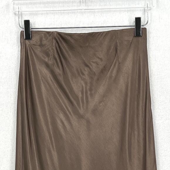 ENZA COSTA Satin Bias Cut Skirt Womens Small 1 Shiitake Brown Midi Pull on Slip - Picture 8 of 16